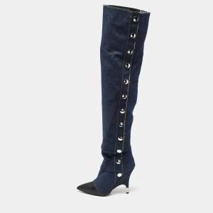 Pre Owned Giuseppe Zanotti Blue/Black Denim and Patent Leather Over The Knee Length Boots Size 40