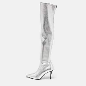 Pre Owned Giuseppe Zanotti Silver Foil Leather Over The Knee Pointed Toe Boots Size 40