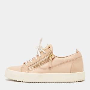 Giuseppe Zanotti Beige Patent and Leather Double Zipper Low Top Sneakers Size 39