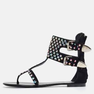 Pre Owned Giuseppe Zanotti Black Crystal Embellished Suede Thong Ankle Cuff Flat Sandals Size 40