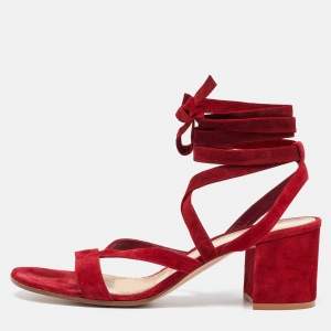 Pre Owned Gianvito Rossi Red Suede Block Heel Ankle Wrap Sandals Size 41