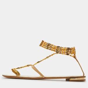 Giuseppe Zanotti Beige/Gold Leather Crystal Embellished Chain Thong Flat Sandals Size 38.5