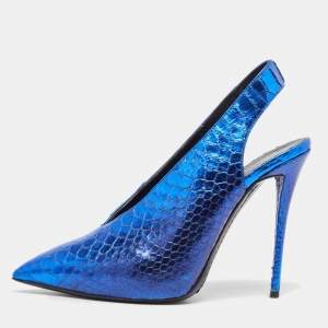 Pre Owned Giuseppe Zanotti Metallic Blue Embossed Python Slingback Pumps Size 38