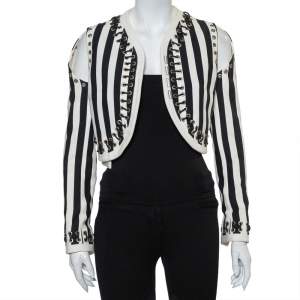 Givenchy Monochrome Denim Cutout Sleeve Lace Tie Detail Cropped Jacket M