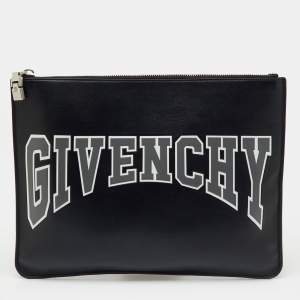 Pre Owned Givenchy Black Leather Logo Print Zip Pouch