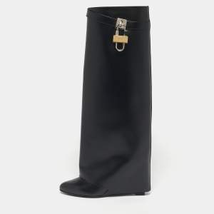 Pre Owned Givenchy Black Leather Shark Lock Wedge Knee High Boots Size 40