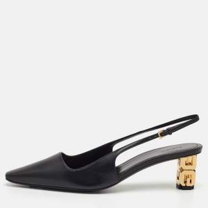 Pre Owned Givenchy G Cube Size 37.5 Black Leather Pointed Toe Slingback Pumps
