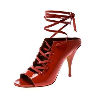 Givenchy Coral Red Patent Leather Lace Up Backless Mule Sandals Size 36