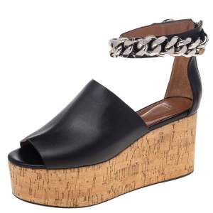 Givenchy Black Leather Cork Wedge Chain Ankle Cuff Sandals Size 36