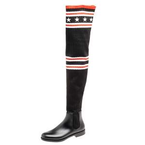 Givenchy Black Rubber And Knit Fabric Storm Thigh High  Knee Sock Boots Size 38