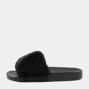 Givenchy Black Mink Fur Pool Slide Sandals Size 37