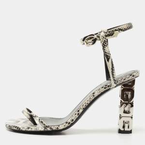 Givenchy White/Black Python Embossed Leather G Cube Heel Ankle Strap Sandals Size 37