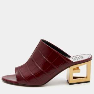 Givenchy Burgundy Croc Embossed Leather Triangle Mules Size 38