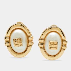 Givenchy Gold Tone GG Faux Pearl Clip-On Earrings