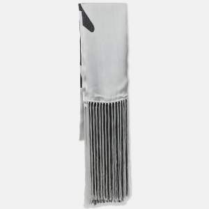 Givenchy Black Monogram Print Satin Silk Fringed Scarf 