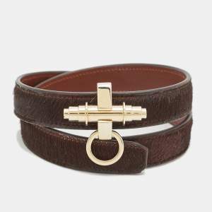 Pre Owned Givenchy Obsedia Pony Hair Gold Tone Leather Wrap Bracelet