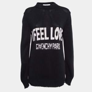 Givenchy Black Logo Intarsia Rib Knit Distressed Sleeve Sweater S