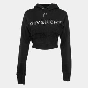 Givenchy Black Logo Embroidered Lace Trim Cotton Crop Hoodie XS