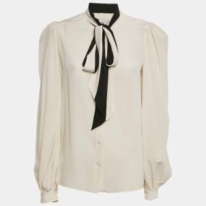 Givenchy Off- White Silk Chiffon Contrast Neck Tie Detail Shirt M