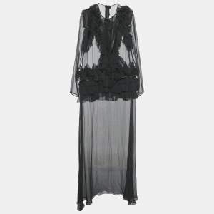 Pre Owned Givenchy Black Frill & Zipper Detail Silk Sheer Maxi Dress L