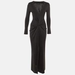 Pre Owned Givenchy Charcoal Grey Knit Front Knot Maxi Dress S 