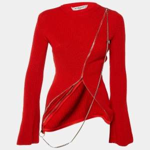 مملوكة مسبقًا Givenchy Red Knit Asymmetric Zipper Chain Detail Sweater XS