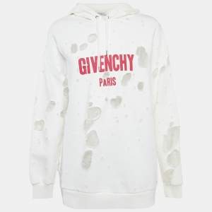 Pre Owned Givenchy White Logo Print Distressed Oversize Hoodie XS 