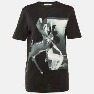 Pre Owned Givenchy Black Bambi Printed Cotton Knit T Shirt XS