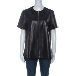 Givenchy Black Lambskin Zip Front Short Sleeve Top L