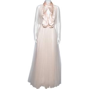 فستان ماكسي جيفنشي حرير شبك وحرير وردي مكشكش مزين بتل من الأمام مقاس متوسط - ميديوم