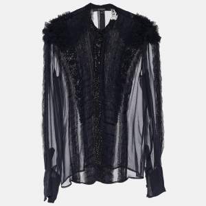 Givenchy Black Silk Mesh Ruffled & Embellished Sheer Blouse M