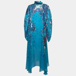 Givenchy Blue Floral Printed Chiffon Silk Tie Neck Maxi Dress S