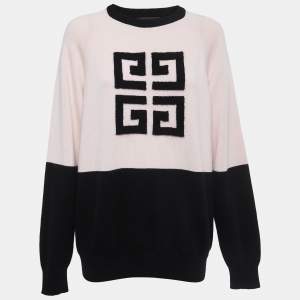 Givenchy Pink/Black Logo Patterned Cashmere Crew Neck Sweater M