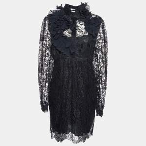 Givenchy Black Lace Ruffle Applique Detail Midi Dress L