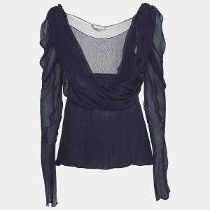 Givenchy Navy Blue Draped Silk Chiffon Long Sleeve Blouse M
