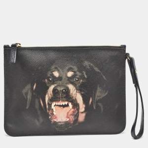 Givenchy Black Coated Canvas Rottweiler Face Wristlet Pouch