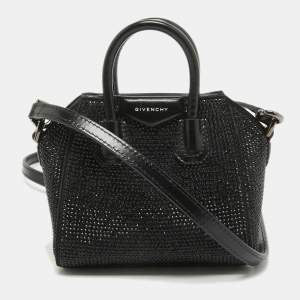 Givenchy Black Satin and Leather Micro Antigona Crystals Crossbody Bag