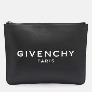 Givenchy Black Leather Logo Top Zip Pouch 