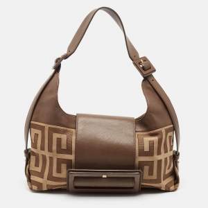Givenchy Brown/Beige Monogram Canvas and Leather Buckle Flap Hobo