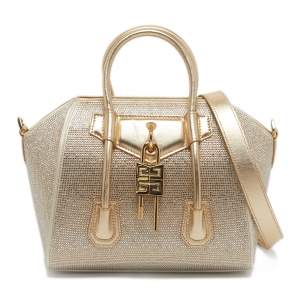 Givenchy Gold Crystal Embellished Satin and Leather Mini Antigona Lock Tote