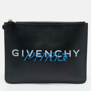 Pre Owned Givenchy Black Leather Logo Zip  Flat Pouch 