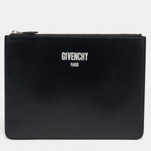 Pre Owned Givenchy Black Leather Logo Print Zipped Pouch