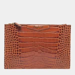 Pre Owned Givenchy Antigona Zip Brown Croc Embossed Leather Clutch