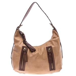 Pre Owned Givenchy Beige/Brown Monogram Embossed Leather Double Zip Pocket Hobo