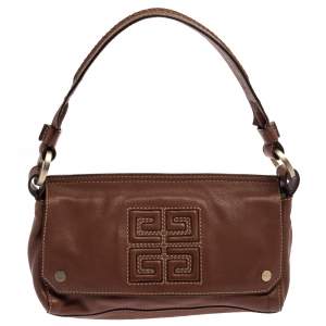 Pre Owned Givenchy Brown Leather Logo Embossed Flap Hobo