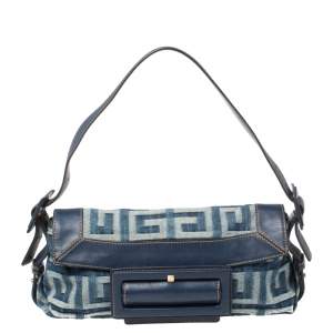 Pre Owned Givenchy Blue Monogram Denim and Leather Buckle Flap Hobo