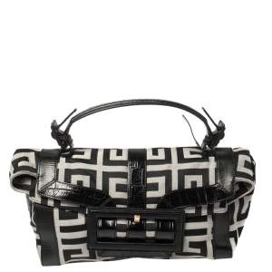 Pre Owned Givenchy Black Monogram Canvas and Embossed Leather Buckle Flap Top Handle Bag