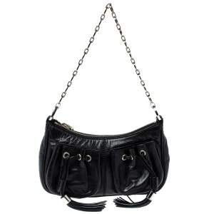 Pre Owned Givenchy Black Leather Tassel Pocket Chain Baguette Bag