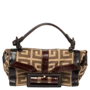 Pre Owned Givenchy Brown/Beige Monogram Canvas and Exotic Embossed Leather Buckle Flap Top Handle Bag