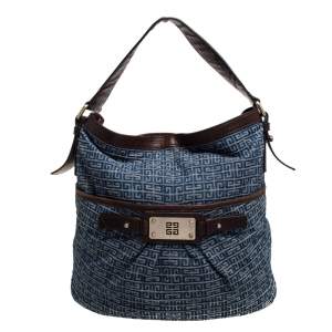 Pre Owned Givenchy Blue/Brown Monogram Denim and Leather Logo Plaque Hobo